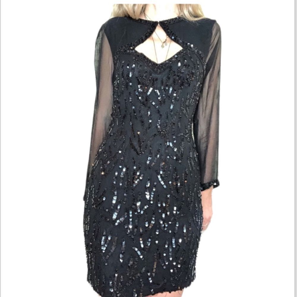 Vintage black Aj Bari 100% silk sequin dress size 4